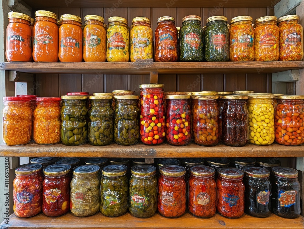 Colorful jars of preserves line a wooden shelf, showcasing homemade goodness Colorful jars of preserves line a wooden shelf, showcasing homemade goodness