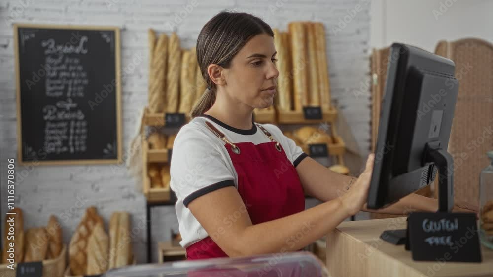 Woman working in bakery wearing red apron using computer surrounded by bread display in an indoor shop setting Woman working in bakery wearing red apron using computer surrounded by bread display in an indoor shop setting