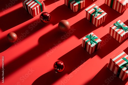 Vibrant red background adorned with Christmas gifts and green decorations, encapsulating the festive spirit. photo