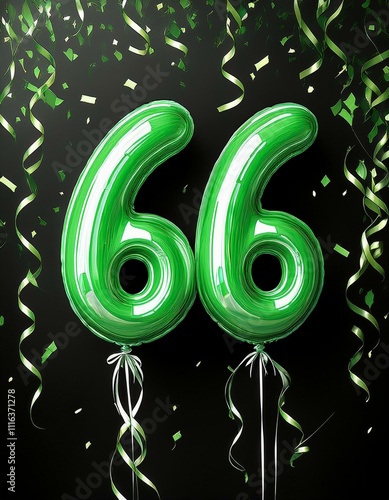 Green birthday / anniversary balloon, number 66, black background with confetti photo