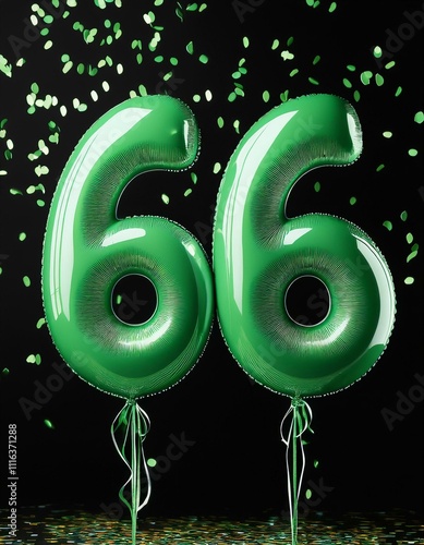 Green birthday / anniversary balloon, number 66, black background with confetti photo