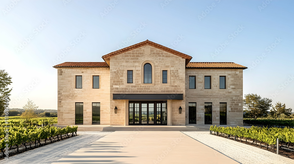 Fototapeta premium Napa Valley Estate Home with Stone and Vineyard Views, St. Helena Estate