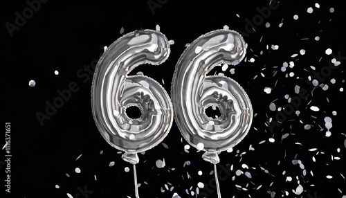 Silver birthday / anniversary balloon, number 66, black background with confetti photo