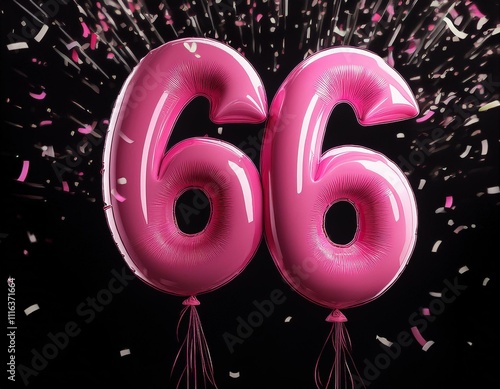 Pink birthday / anniversary balloon, number 66, black background with confetti photo