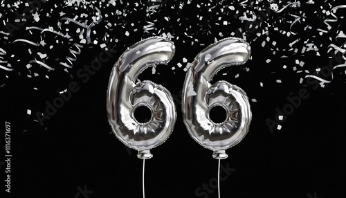 Silver birthday / anniversary balloon, number 66, black background with confetti photo