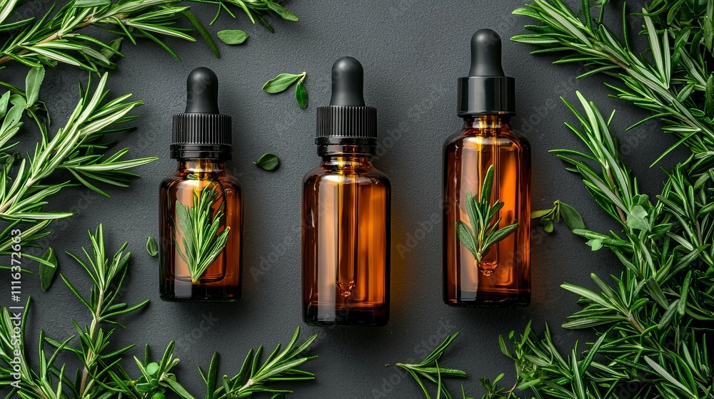 Fototapeta premium Elegant Display of Amber Glass Dropper Bottles Surrounded by Fresh Green Rosemary Leaves on Dark Background