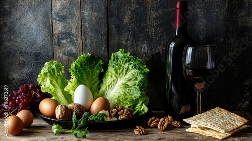 Seder Plate with Passover Symbolic Foods photo