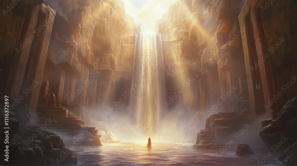 Obraz premium Person meditates in a mystical canyon with a waterfall and sunlight.