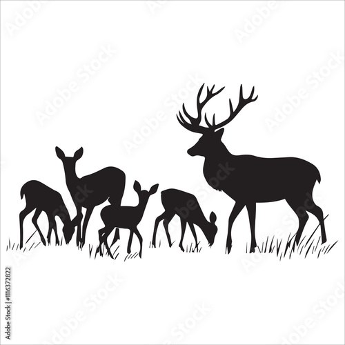 Group of Deer in a Meadow Silhouette set vector 
