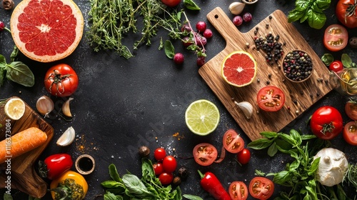 Assorted fresh vegetables and fruits with spices on a dark background