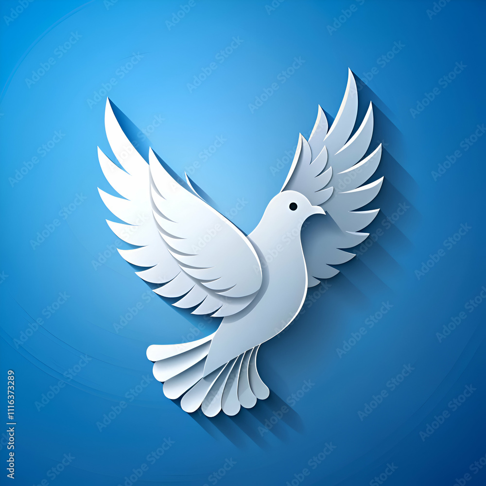 Fototapeta premium white dove on blue background papercut design