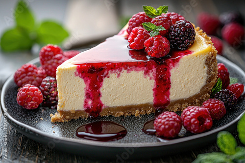 Cheesecake slice with berry sauce and fresh berries.