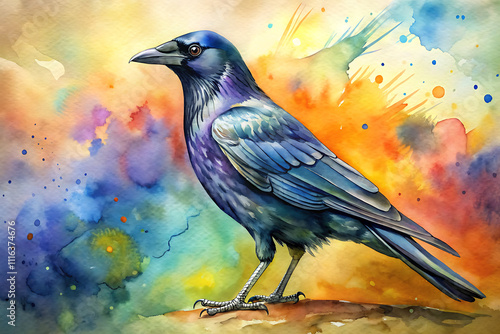 crow watercolor artistic full body portrait vibrant color illustration art with splash background photo