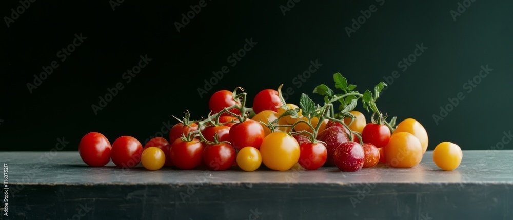 A rich variety of vibrant tomatoes—red, yellow, and orange—are artistically arranged on a sleek, dark table. A rich variety of vibrant tomatoes—red, yellow, and orange—are artistically arranged on a sleek, dark table.