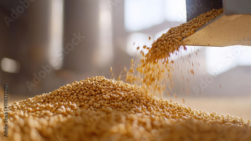 Egg farm concept. Wide shot of an automatic feed dispenser distributing grain in a large poultry farm, innovation in agriculture