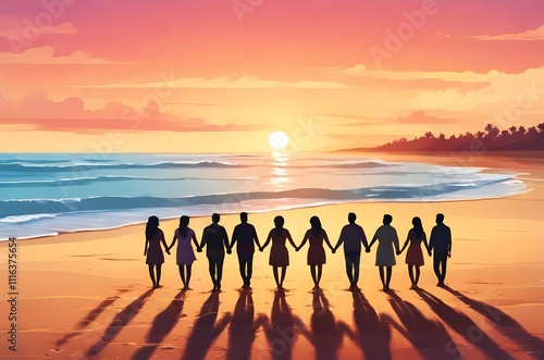 Group Of People Holding Hands On A Beach,Creative and Meaningful Image Team Work And Peace,Sucsessful, Illustration Style Design photo