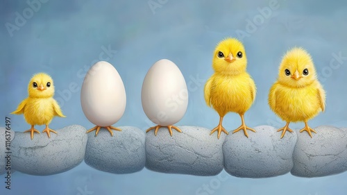 Egg farm concept. Artistic representation of egg-to-chick transformation using soft pastel illustrations, educational and aesthetic photo