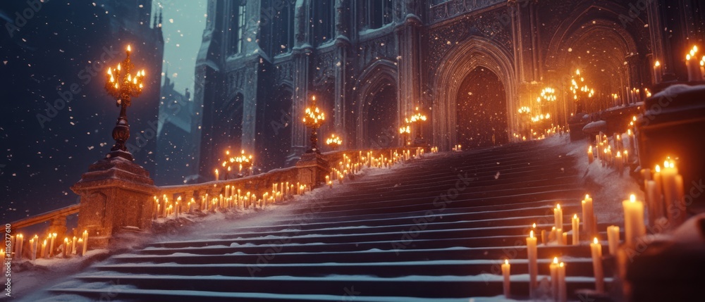 Snow-dusted cathedral steps aglow with hundreds of flickering candles, weaving together mystery and sacred tranquility in a magical winter scene. Snow-dusted cathedral steps aglow with hundreds of flickering candles, weaving together mystery and sacred tranquility in a magical winter scene.