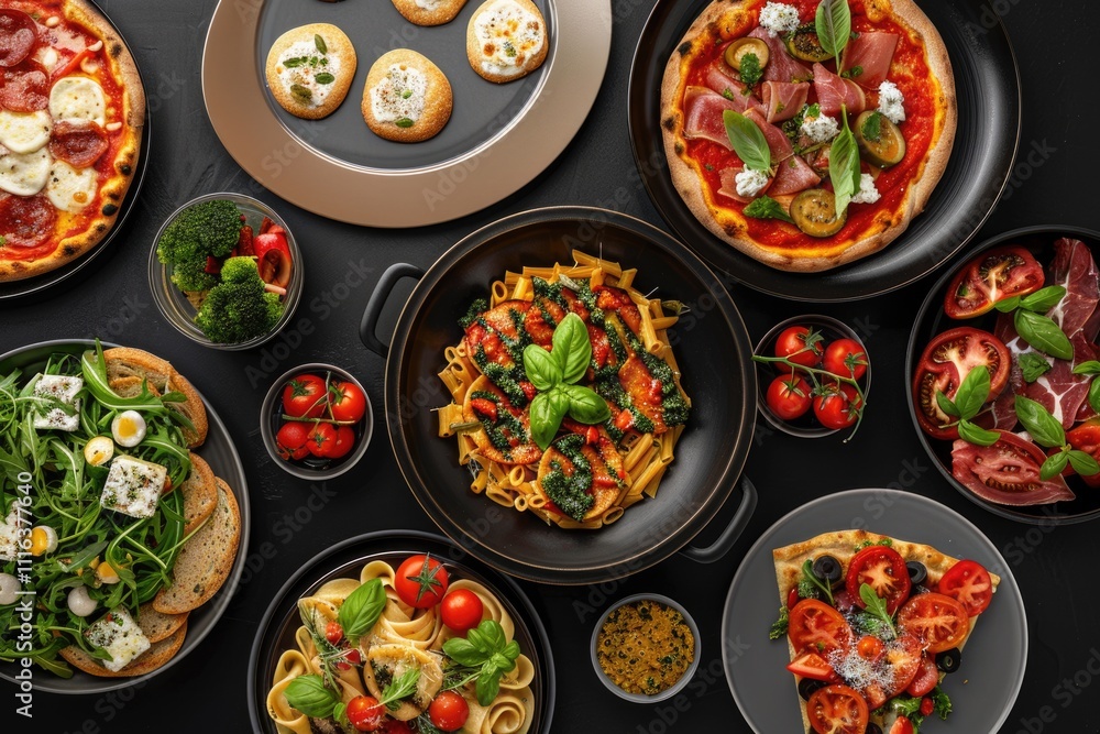 Italian meal assortment on black background. Italian meal assortment on black background.