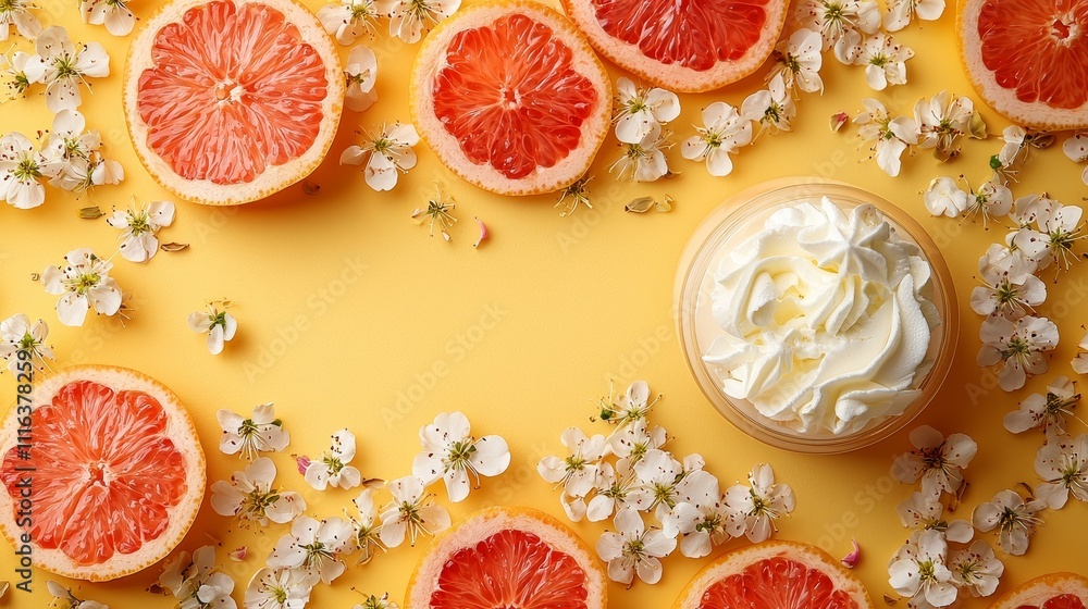 Fresh Citrus and Creamy Whip with Floral Accents on Vibrant Yellow Surface for Bright Culinary Displays Fresh Citrus and Creamy Whip with Floral Accents on Vibrant Yellow Surface for Bright Culinary Displays
