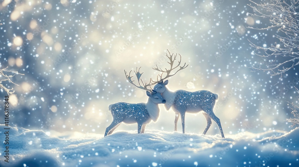 Two reindeer in a snowy landscape with soft lighting Two reindeer in a snowy landscape with soft lighting