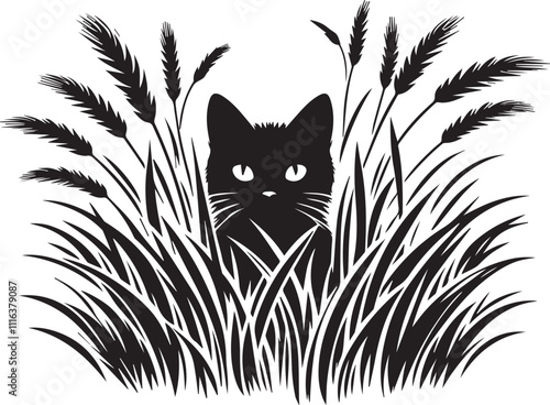 Cat peeking through tall grass black vector silhouette