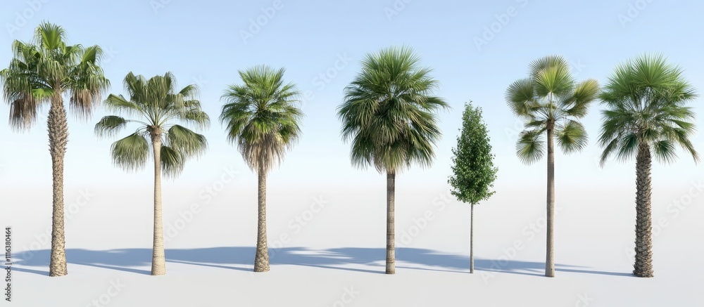 Diverse Collection of Iconic Palm Trees with Varied Shapes and Heights on a Clear Blue Sky Background Diverse Collection of Iconic Palm Trees with Varied Shapes and Heights on a Clear Blue Sky Background