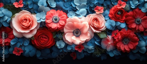 Red white and blue flower arrangement featuring roses and hydrangeas ideal for patriotic celebrations or floral design projects