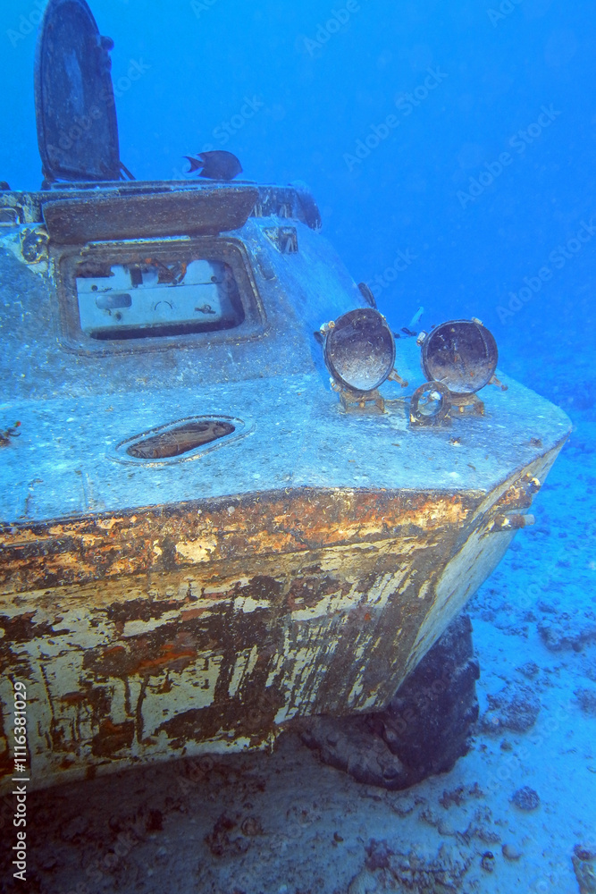 Old combat vehicle underwater in the Red Sea near Hurghada in Egypt