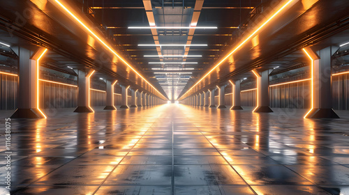 Futuristic 3D Corridor Illustration: Orange Neon Lights