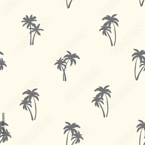 Half drop seamless repeat pattern with ditsy charcoal gray palm tree silhouettes on cream. Men, boys, sophisticated tropical, pool, beach, shirt print and more.