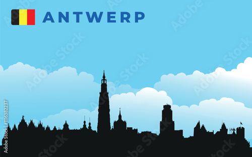 Black silhouette of Antwerp city skyline with text and flag. Vector on the background of blue sky and white clouds