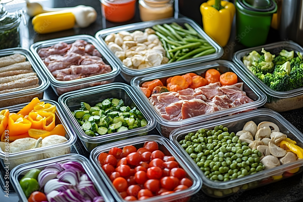 Nutrient-rich meal prep containers filled with colorful vegetables and lean meats organized on a countertop for healthy eating Nutrient-rich meal prep containers filled with colorful vegetables and lean meats organized on a countertop for healthy eating