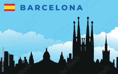 Black silhouette of Barcelona city skyline with text and flag. Vector on the background of blue sky and white clouds