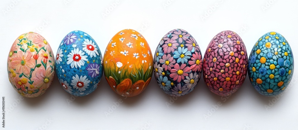 Colorful hand-painted Easter eggs arranged on a white background showcasing intricate floral designs and vibrant colors. Colorful hand-painted Easter eggs arranged on a white background showcasing intricate floral designs and vibrant colors.