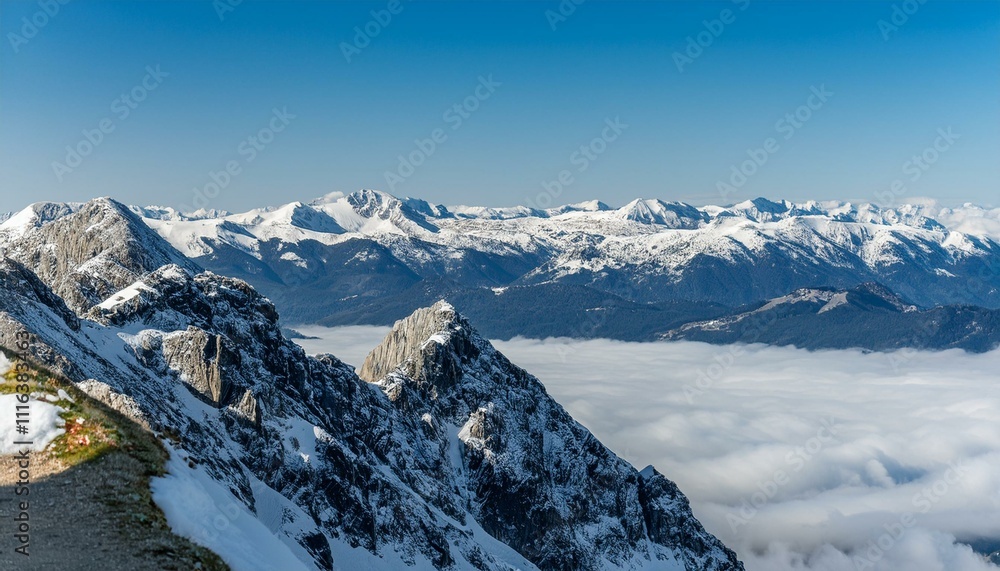 Fototapeta premium 산꼭대기 풍경 눈으로 덮인 산봉우리와 그 아래로 펼쳐진 운해