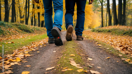 Feet close-up of group of tourists walking in autumn rorest. Traveling and hike, leisure. Bottom view photo