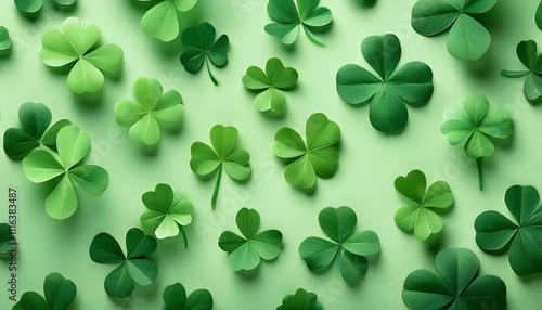  A seamless clover pattern background featuring lush, emerald-green four-leaf clovers