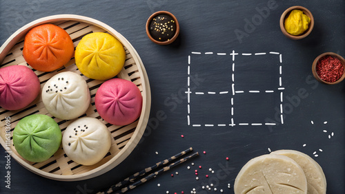 Colorful dumplings in bamboo steamer, creative presentation with empty space for annotations
