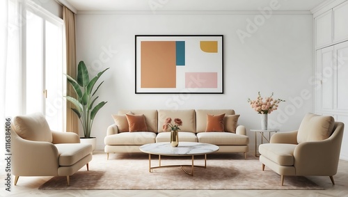 Minimalist living room interior have golden sofa and decor accessories with white color wall. Beautiful mock up  frame.