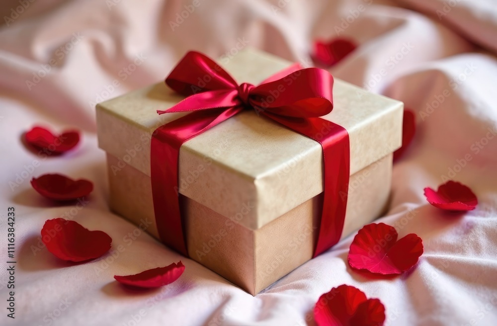 Close-up of a craft gift box with a red ribbon lying on light sheets strewn with rose petals. Close-up of a craft gift box with a red ribbon lying on light sheets strewn with rose petals.