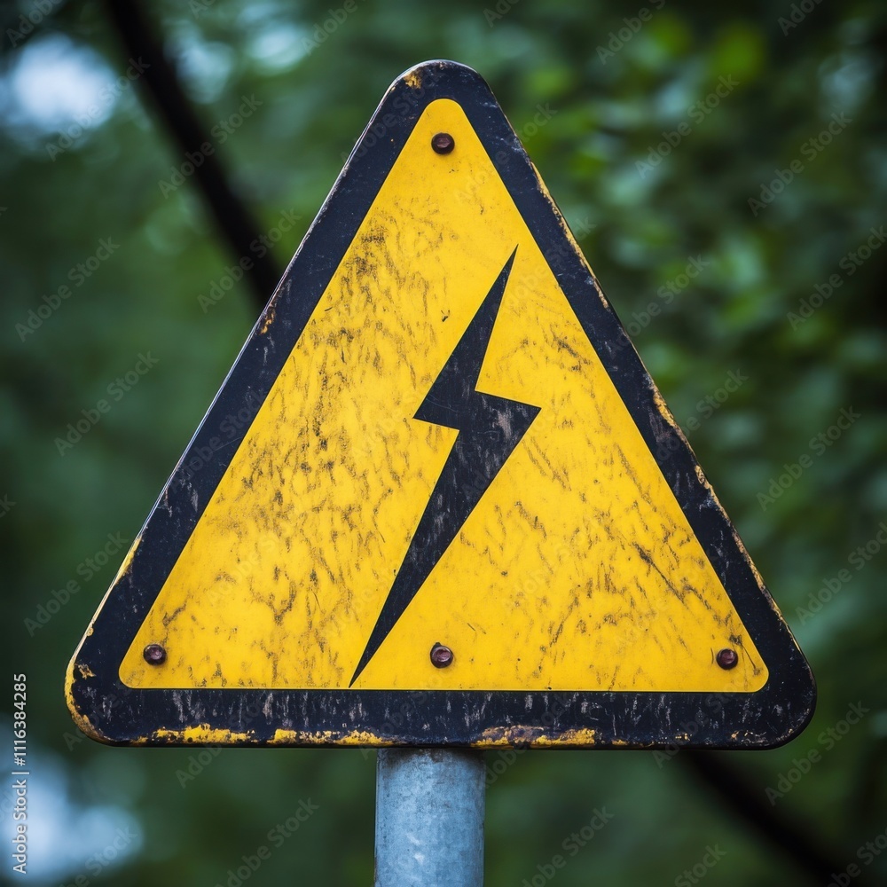 A bright yellow triangular warning sign with a black lightning bolt is prominently displayed among greenery, alerting passersby to potential electrical hazards, likely in a park setting