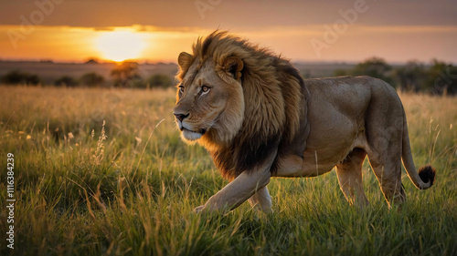 Wallpaper Mural Majestic lion strides through golden savanna grass under soft natural light. Wild cat in nature Torontodigital.ca