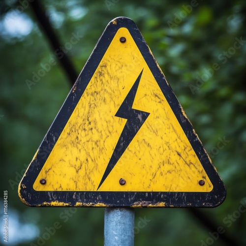 Obraz na płótnie A bright yellow triangular warning sign with a black lightning bolt is prominently displayed among greenery, alerting passersby to potential electrical hazards, likely in a park setting w salonie