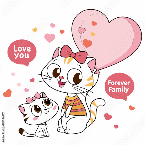 Valentine's Day Cartoon Cats with Heart: Cute Love Illustration