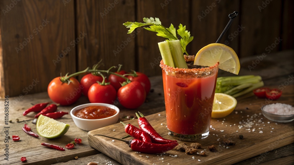 Classic Bloody Mary cocktail with celery, lime, and chili pepper Classic Bloody Mary cocktail with celery, lime, and chili pepper