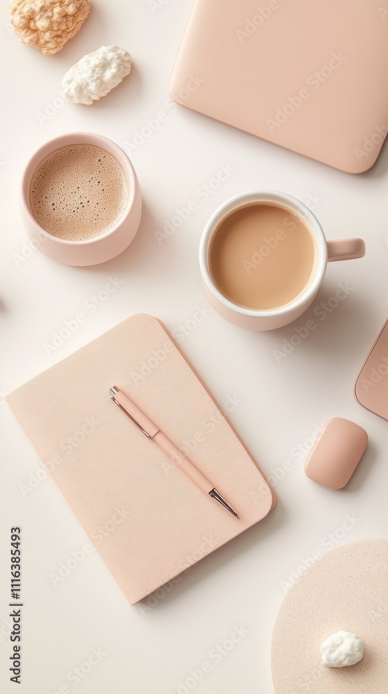 Obraz premium Serene Chic Workspace: Minimalist Desk Setup in Soft Beige and Pink Tones