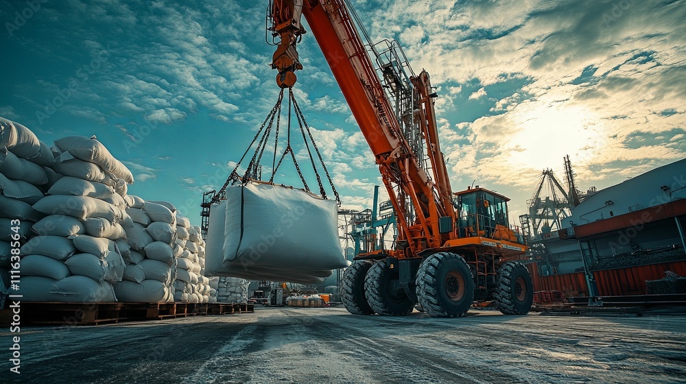 Orange Crane Lifts Large Bags Of Material At Port Orange Crane Lifts Large Bags Of Material At Port