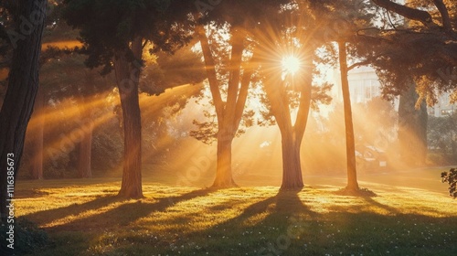 The bright sun is shining beautifully through the trees in the park