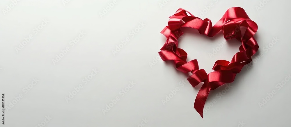 Fototapeta premium Heart shape crafted from red satin ribbon on a clean white background ideal for romantic and festive themes in advertising and design.